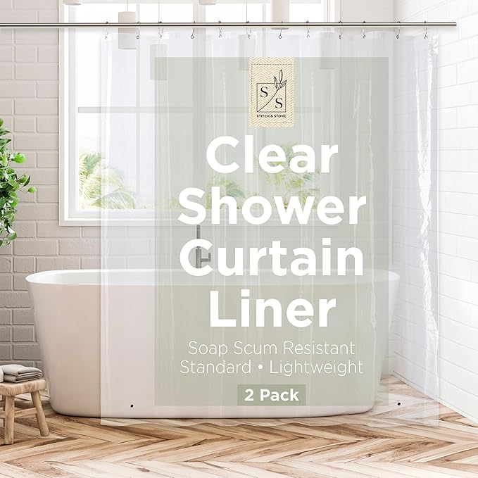 Stitch & Stone Shower Curtain Liner, Premium Lightweight Durable Waterproof 4g PEVA for Bathroom with Weighted Magnets, Standard Size 70" x 72" Clear 2 Pack
