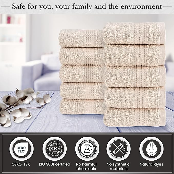 HALLEY Turkish Cotton Towels (Pack of 10) Washcloths Super Soft Highly Absorbent 100% Cotton Fingertip Towels for Bathroom and Kitchen for Mother’s Day (Ivory White)