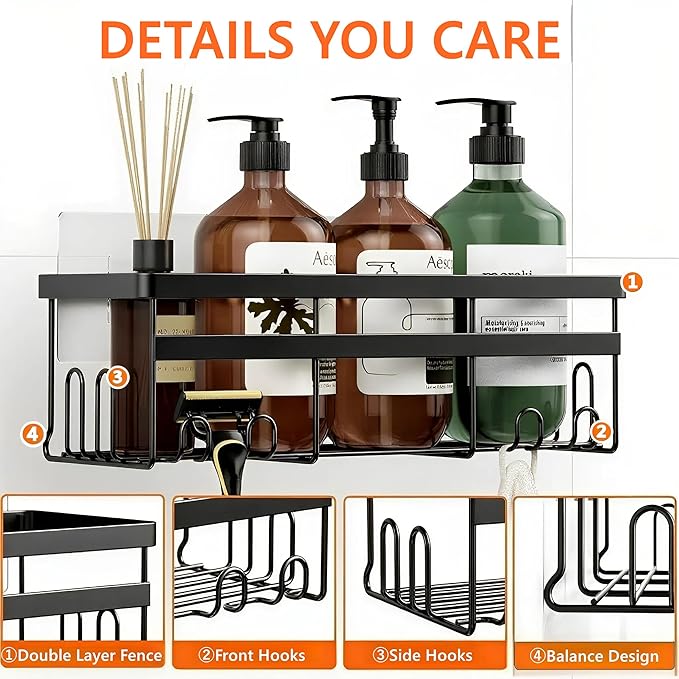 Shower Caddy, 2-Pack No Drilling Rustproof Organizer with Save Space Hooks, Apartment Essentials for Bathroom, No Drilling Shelves for Kitchen & Living Room