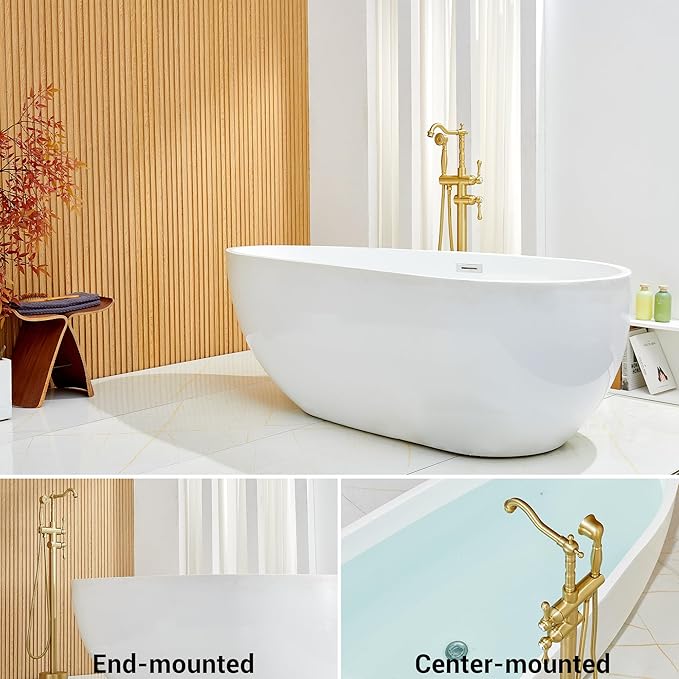 Freestanding Tub Faucet Sets, JetsBath Floor Mount BathTub Filler with 360° Swivel Spout & Handheld Sprayer, Brushed Gold Floor Mount Bathtub Faucet Single Handle with Supply Hose