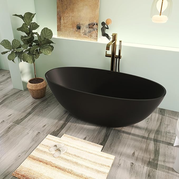 65" Premium Matte Black Solid Surface Freestanding Bath Tub, Oval Stone Resin Tub with Overflow and Pop-up Drain