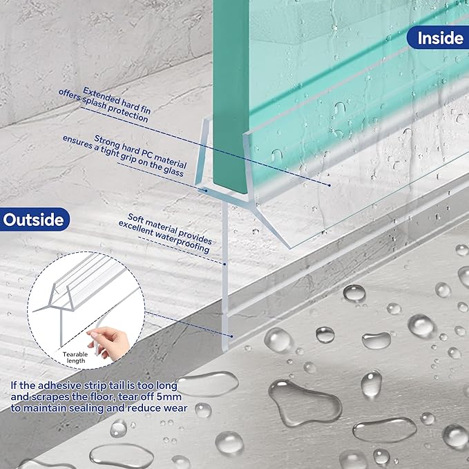 2-Pack Frameless Shower Door Bottom Seal (1/4" X 39") Clear Glass Seal Strip Shower Door Sweep - Stop Shower Leaks