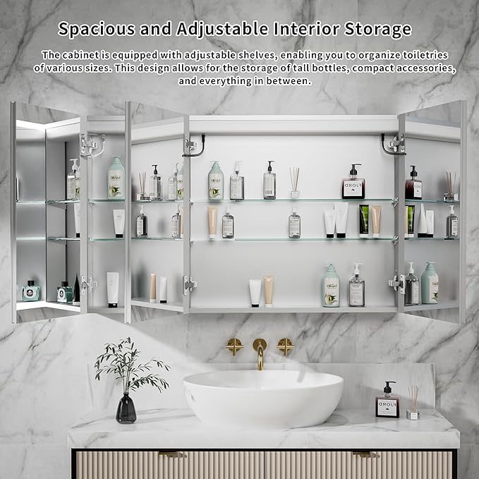 GroGro LED Lighted Bathroom Medicine Cabinet with Mirror,48" W x 30" H Medicine Cabinet with Lights,Surface or Recessed Mounting,Defog,Dimming,3-Color Temperature Adjustment