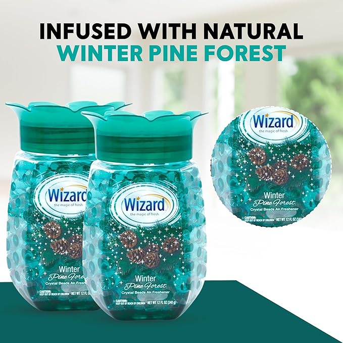 12 WIZARD Odor Eliminator Gel Beads - 12 oz, Air Freshners For Bathroom, Rooms, Per Areas and Car Freshner - Winter Pine Forest