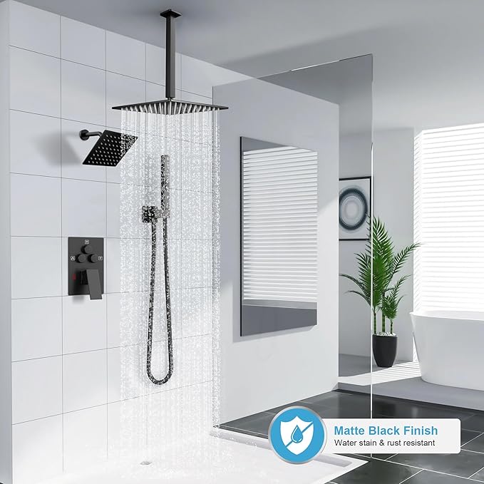 Shower Faucet Set Black Shower System, Ceiling Mount 12 Inch Shower Head With Wall Mount 6 Inch Shower Head and 2 in 1 Handheld Spray, Push Button Diverter Shower Valve Trim Kit Complete