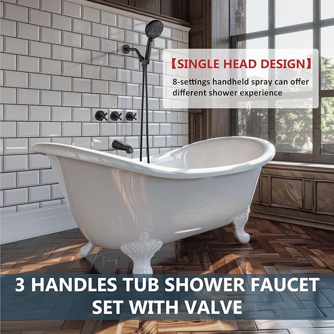 Aolemi 3 Handles Tub Shower Faucet Set with Valve Bathtub Combo Set Shower System Complete Trim Kit Wall Mounted Matte Black