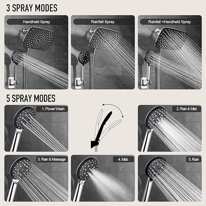 Veken 11.8'' Rain Shower Head with Handheld, High Pressure Rainfall Showerhead Combo with 5 Handheld Water Spray Modes for Bathroom Accessories, Home Decor, Detachable Dual Shower Heads, Chrome Silver