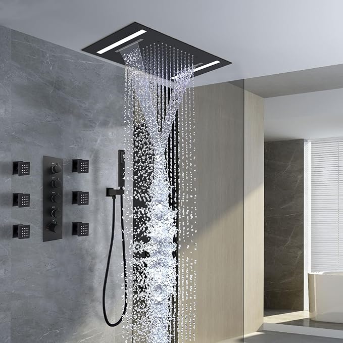 Multi Full Body Thermostatic Luxury Spa Shower System And 14x20 Inch LED 4 Functions Faucet Set, Rainfall Spray Waterfall Can Be Turned On Simultaneously,Matte Black