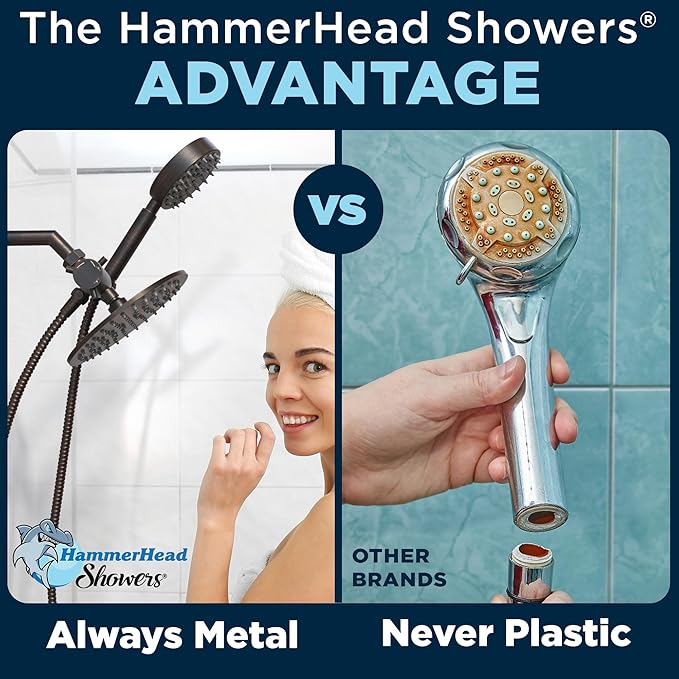 HammerHead Showers® Solid Metal Dual Shower Head Combo – OIL RUBBED BRONZE – 8 Inch Rainfall High Flow Shower Head & Handheld Shower Head High Pressure with Hose 6ft - Hotel-Like Double Shower Heads