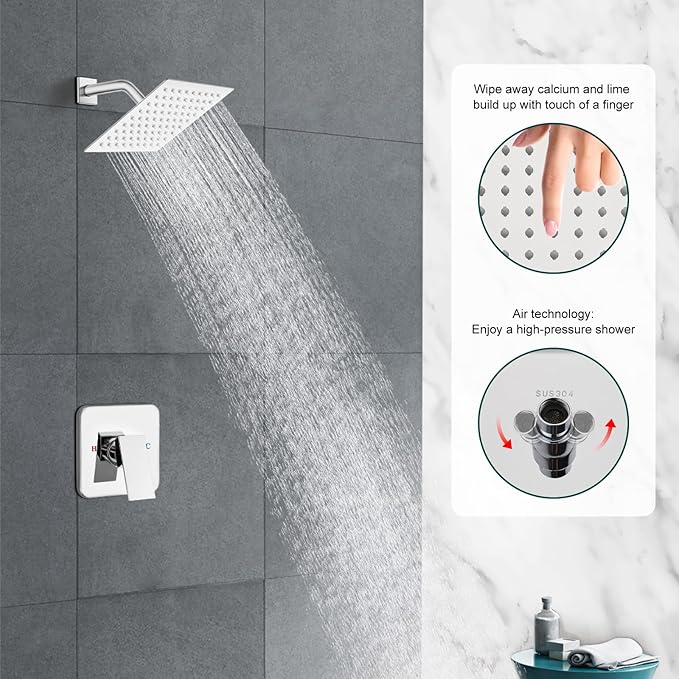 Heyalan 8 Inch Shower Head and Handle Set Square Shower Faucet Set Bathroom Rainfall Shower System Stainless Steel Showerhead Single Function Shower Trim Kit,Female Thread Valve,Polished Chrome