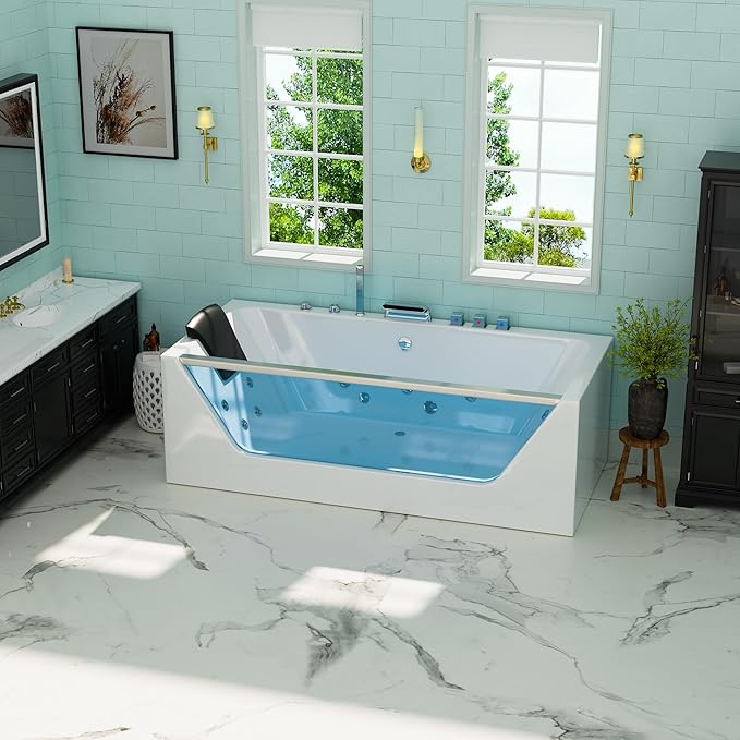 Empava 67” Whirlpool Bathtub with Chromatherapy, Hydrotherapy Jetted Bathtub with Glass Panel, 11 Jets,3-Side Apron,67 Gallons,ETL Certified, White