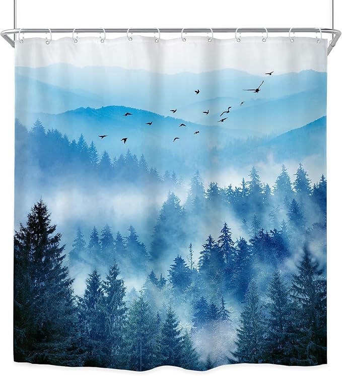 Riyidecor Navy Blue Mountain Shower Curtain 72Wx84H Inch Extra Long Woodland Scenery Park Scene View Natural Foggy Pine Tree Alpine Cool Men Bathroom Decor Fabric Polyester Waterproof 12 Pack Hooks