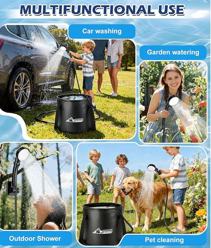 Upgraded Portable Shower for Camping, Rechargeable Camping Shower with LED Display, 5 Gal Collapsible Bucket, 5 Adjustable Speeds, IPX8 Waterproof Portable Shower Kit for Hiking, Car, Pet, Travel