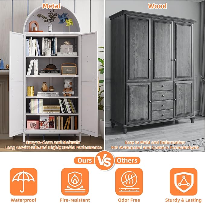 Farmhouse Kitchen Pantry Cabinet, 73in Tall Arched Storage Cabinet with Doors and Shelves, White Freestanding Cupboard for Laundry, Dining Room, Living Room, Bathroom