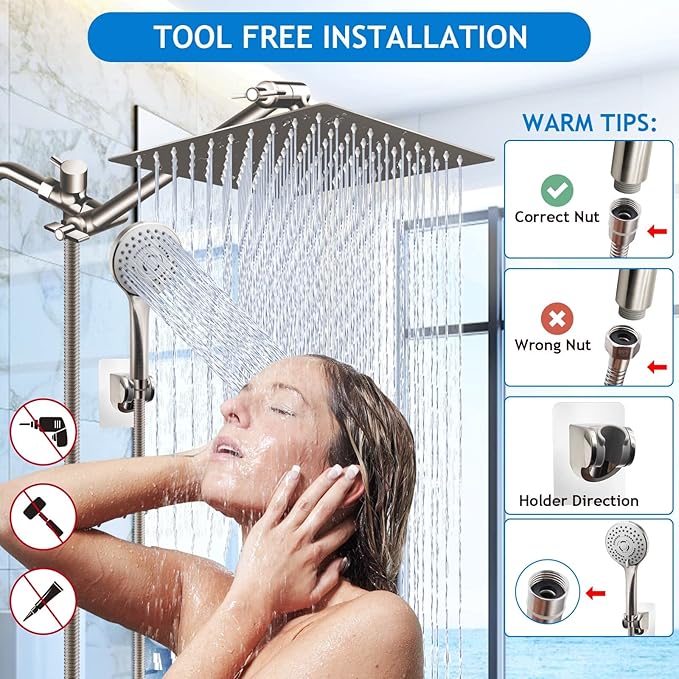 Shower Head Combo(Brushed Nickel),10'' High Pressure Rain Shower Head with 11'' Adjustable Extension Arm and 5 Settings Handheld,Powerful Shower Spray Against Low Pressure Water