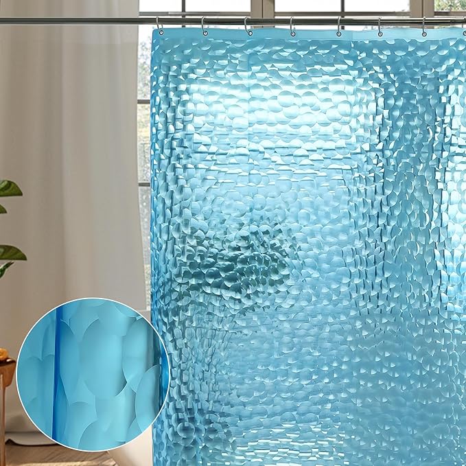 WELTRXE EVA 8G Shower Curtain Liner, 72x72 Inch 3D Clear Blue Bubble Heavy Duty Waterproof Shower Curtain Liner with Magnets Thick Plastic Shower Curtains Weighted Bathroom Shower Liner, 12 Hooks
