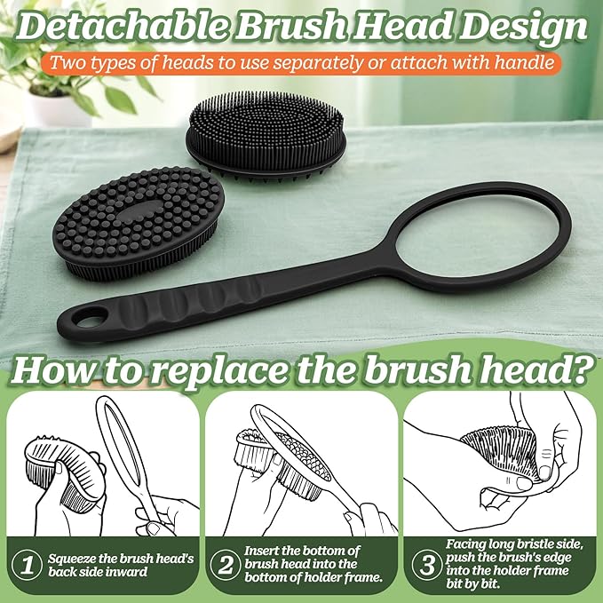 Silicone Face & Back Scrubber Set, Manual Face & Body Scrubber Exfoliator with Soft Bristles and Non-Slip Handle, Back Brush Bath Brush with 2 Detachable Brush Heads(3PCS Blue Set)