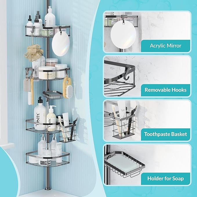 Shower Caddy Tension Pole, 4-Tier Adjustable Corner Shower Standing Caddy, Rustproof Rack for Bathroom Bathtub, with 4 Shelves, No Drilling Corner Bathroom Shelf for Inside (Black)