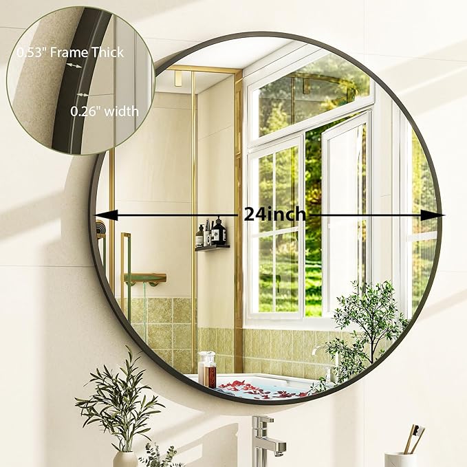 24 Inch Round Bathroom Mirror - Black Wall Mounted Circle Mirror with Metal Frame, Modern Round Hanging Mirror Suitable for Bathroom, Vanity, Entryway, Living Room