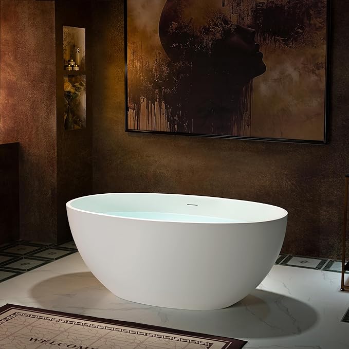 WOODBRIDGE 55 in. x 30.75 in. Stone Resin Luxury Contemporary Solid Surface Freestanding Bathtub in Matte White