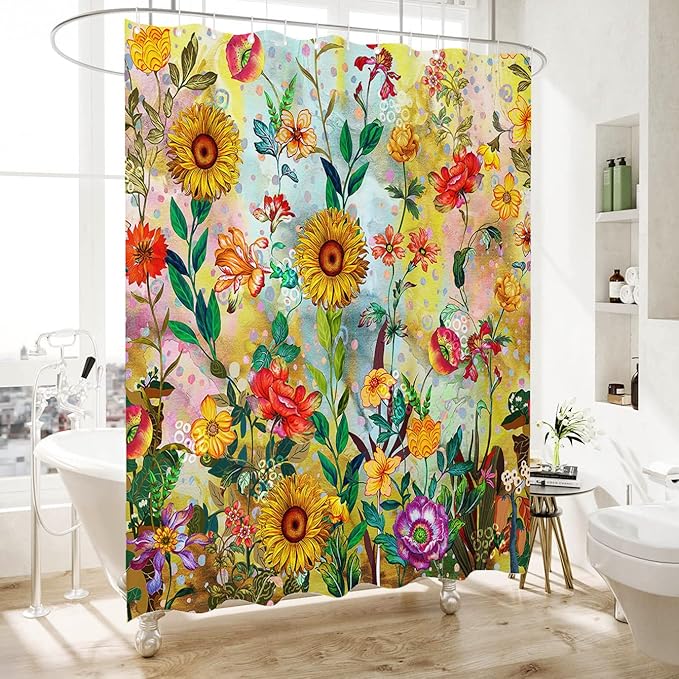 Bohemian Shower Curtain, Boho Floral Print Water Repellent Polyester Fabric for Bathroom Decor, 72×72 Inch Standard Size with 12 Hooks, Also as Room Divider