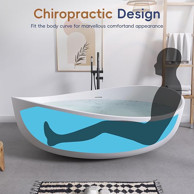 SJ STAR&JANE 71" Solid Surface Freestanding Bathtub, Oval Soaking Stone Resin Tub Couple Tub with Overflow and Pop-up Drain for Modern Bathrooms