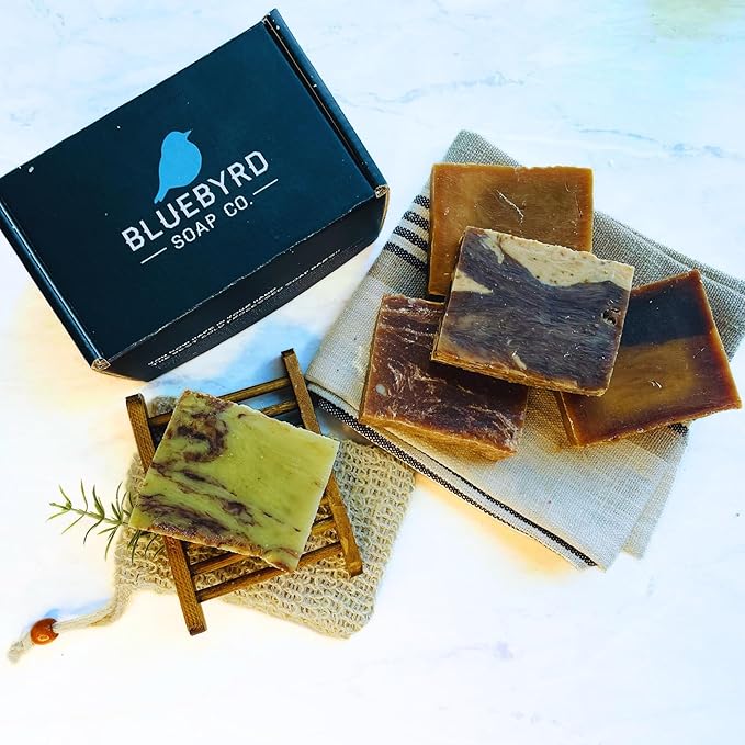 Bluebyrd Gourmet Assorted Handmade Soap Bars for Women & Men | Large, 25 oz Gift Set of 5 Natural Cleansing Bars - Chocolate Orange, Coffee, Mocha, Mint Chocolate | Vegan Soap Gift (Gourmet)