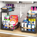 PXRACK 2 Pack Under Sink Organizer,Adjustable Height,2 Tier Pull Out Under Cabinet Organizer,Slide Out Thickened Metal Under Sink Storage for Kitchen Bathroom Laundry Cabinet Pantry,Black(L)