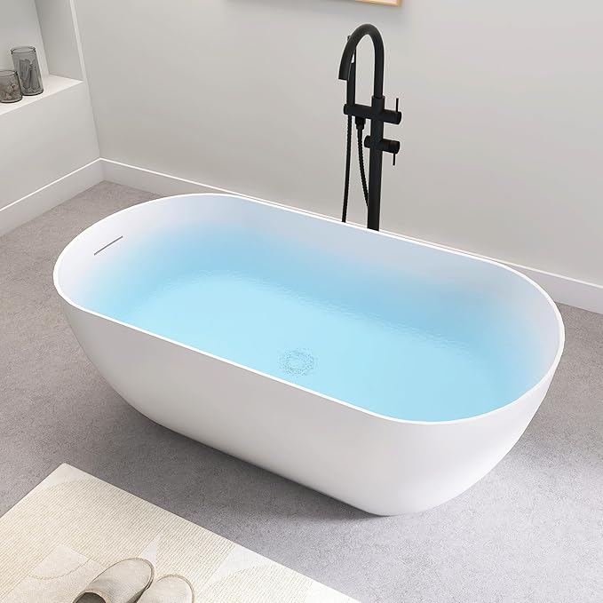 SJ STAR&JANE 51" Solid Surface Freestanding Bathtub, Matte White Oval Soaking Stone Resin Tub with Overflow and Pop-up Drain for Modern Bathrooms