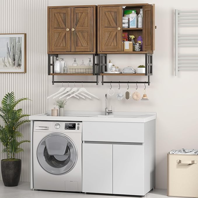 Farmhouse Medicine Cabinet - 3-Tier Wall Mounted Storage Organizer with Adjustable Shelves, Towel Bar, 5 Hooksfor Small Bathroom, Laundry Room, Over Toilet, Living Room, Bedroom (Walnut)
