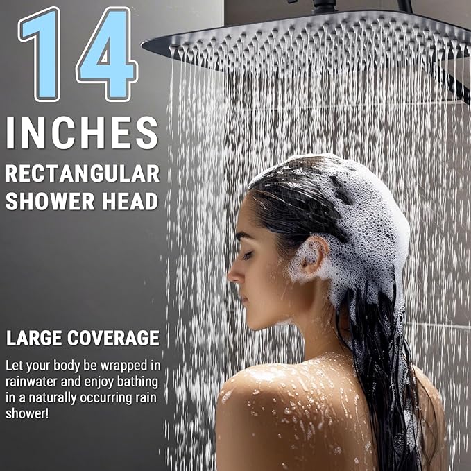 G-Promise 14 Inches Shower Faucet Sets Complete, All Metal Rainfall Shower Head and Handle Set, Extended Downward Diverter, Extension Arm and Pressure Balance Rough-in Valve Included