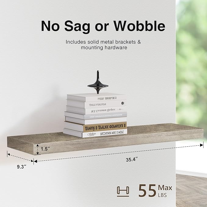Colima Floating Shelves for Grey Wood Shelf for Bedroom, 36 Inch Wall Mounted Floating Shelves for Bathroom Living Room Kitchen Office, 1.5" Thick Floating Book Shelves for Wall, Set of 3
