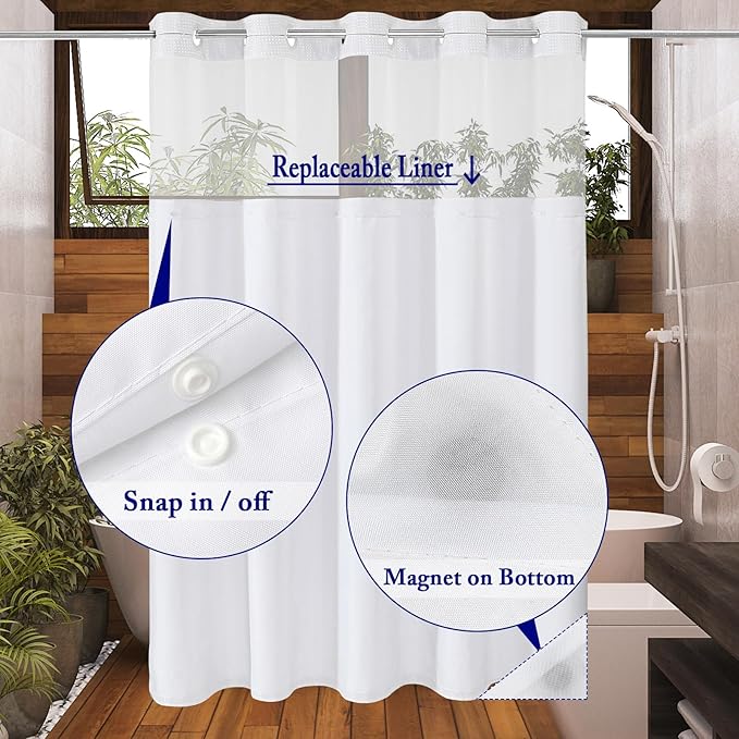 Gibelle No Hook Waffle Weave Shower Curtain with Snap-in Fabric Liner Set for Bathroom, Hotel Style with Mesh Top Window, Waterproof & Washable, Ombre Blue, 72x74