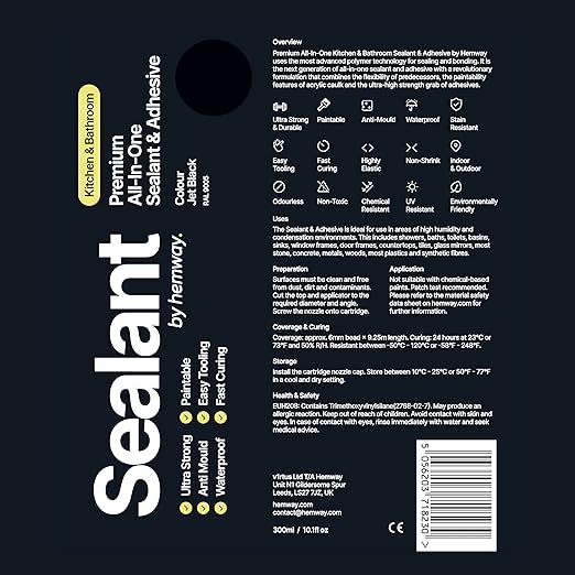 Jet Black Kitchen & Bathroom Sealant & Adhesive Hybrid Polymer | Superior to Silicone Caulk Sealant | Waterproof, Odorless, Paintable | Ideal for Around Bathtub, Shower, Kitchen - 300ml 3 Pack
