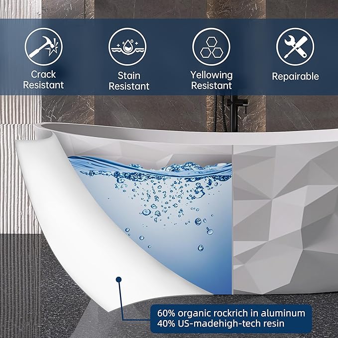 64'' Stone Resin Solid Surface Freestanding Bathtub, Modern Elegant Design Soaking Stand Alone Tub, Diamond Pattern Matte White, Drain and Overflow Included 019-1630