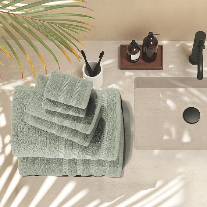 Hearth & Harbor Bath Towels for Bathroom - 100% Ring Spun Cotton Luxury Bathroom Towels - Soft & Highly Absorbent Bath Towels Set, 6 Piece Set, Sage Green