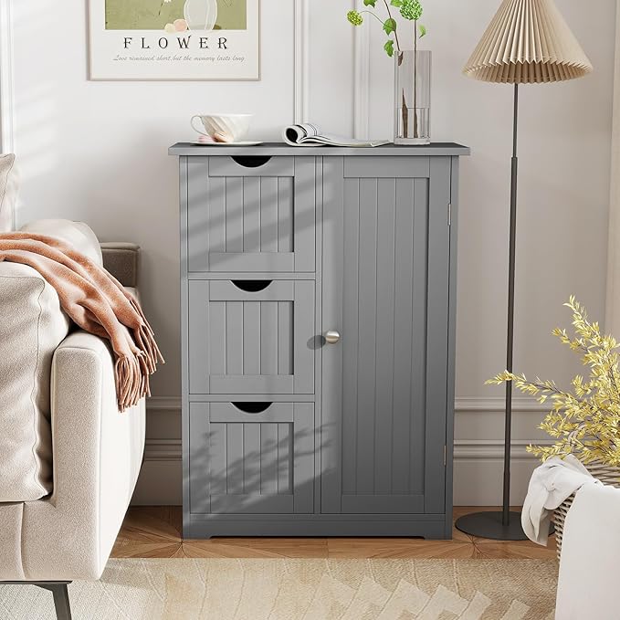 Tangkula Bathroom Floor Cabinet, Freestanding Storage Cabinet with 3 Drawers & Single Door, Adjustable Shelf, Multipurpose Bathroom Storage for Home Office, 23.5 x 12 x 32 Inches (3 Drawers, Grey)
