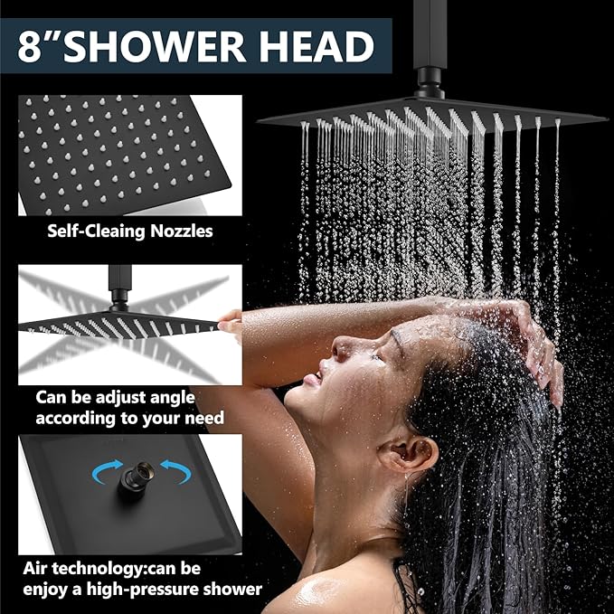 Aolemi Ceiling Mount Rain Shower Head & Handheld Spray with Robust Valve & Trim Kit - Matte Black, 8 Inch Head