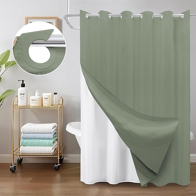 Inhousolu No Hook Waffle Weave Shower Curtain with Removable Snap in Fabric Liner Set for Bathroom, 230 GSM Heavy Duty Weighted Hem, Water Repellent Washable Bath Curtains, 72 x 72 Inch, Sage Green