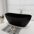 SJ STAR&JANE 65" Solid Surface Freestanding Bathtub Stone Resin Soaking Tub Matte Black Double Slippers Stand Alone Oval Tub with Pop-up Drain and Overflow for Bathroom
