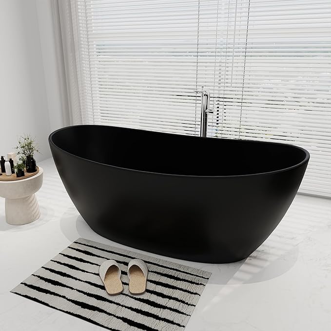 SJ STAR&JANE 65" Solid Surface Freestanding Bathtub Stone Resin Soaking Tub Matte Black Double Slippers Stand Alone Oval Tub with Pop-up Drain and Overflow for Bathroom