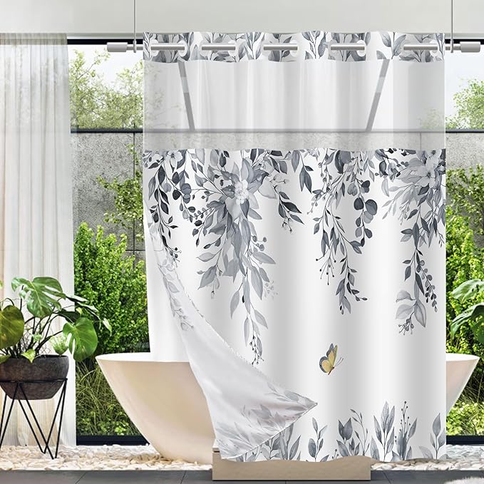 No Hook Shower Curtain and Liner Set, Blue Grey Eucalyptus Floral Shower Curtains for Bathroom, Bath Curtain Sets with Snap in Liner, Waterproof with See Through Top Window, 71x77 Inches