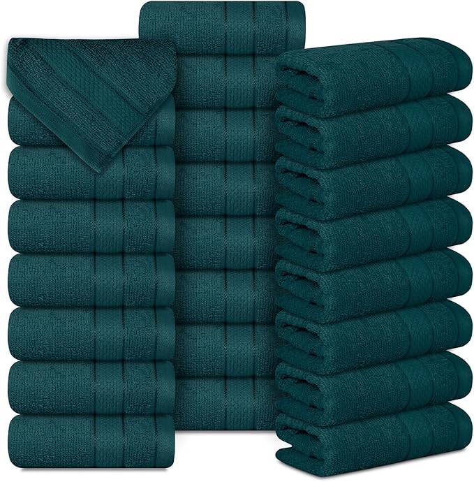 Casa Lino Face Towels & Body Wash Cloths for Showering - 100% Cotton Wash Cloths for Bathroom - Highly Absorbent & Quick Drying Washcloth Set - Cotton Washcloths 24 Pack (12" x 12") - (Teal)