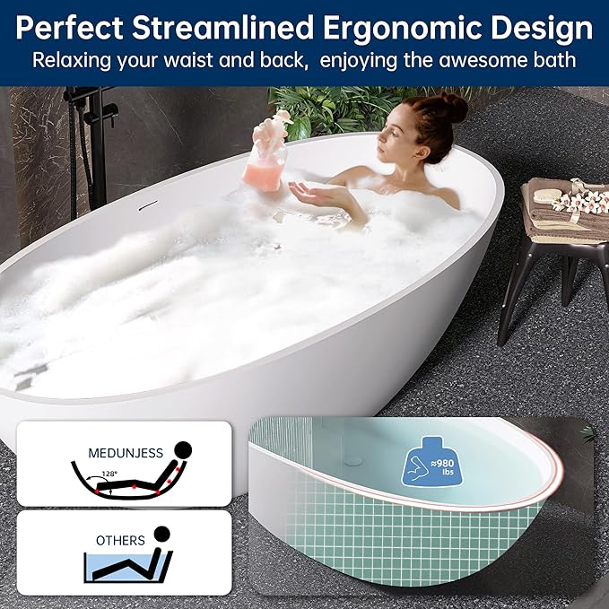 71'' Resin Stone Soaking Bathtub Freestanding Bathtub Solid Surface Modern Tubs with Overflow and Pop-up Drain in White…