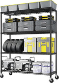 4 Tier Storage Racks Shelving, Heavy Steel Pantry Shelves, Adjustable Wire Shelving Rack with Wheels, Suitable for Garage, Kitchens, Bathroom, Offices, 55" W x 23.6" D x 75.6" H, Black