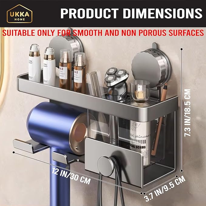 Suction Cup ALUMINUM Hair Dryer Storage Organizer with Shelf & Hooks for Bathroom. Reusable, Rustproof, No Drill, No Tools. Multifunctional, Hang Towel, Loofah, Sponge (2 Cups, Gray)