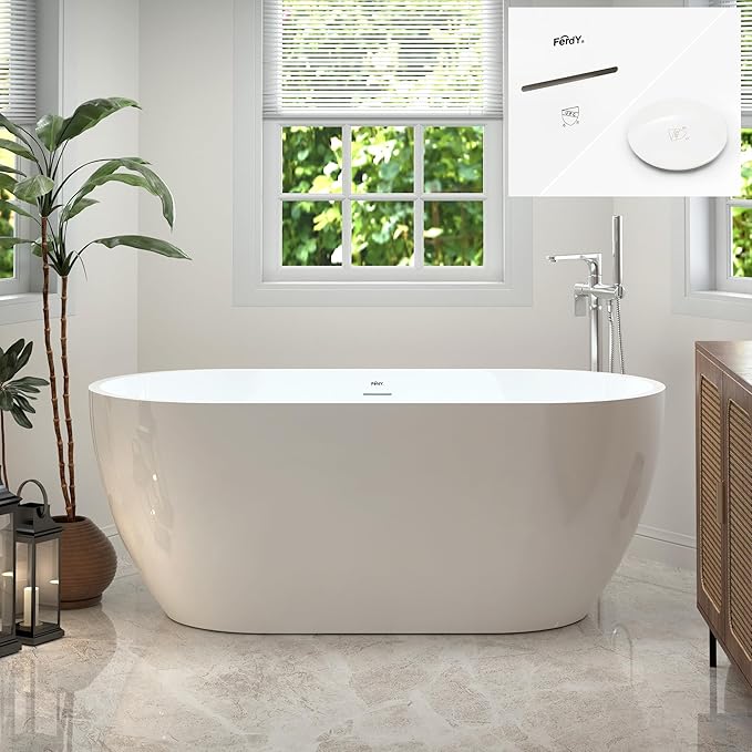 FerdY 59" Bali Acrylic Freestanding Bathtub, Gracefully Shaped Freestanding Soaking Bathtub, cUPC Certified, Toe-Tap Polished White Drain and Minimalist Linear Design Overflow Included