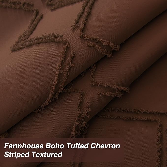 No Hooks Required Boho Farmhouse Shower Curtain Tufted Chevron Striped with Snap in Liner - 72W x 80H, Water Resistant Hotel Grade Spa Like Bathroom Curtain Set, Brown