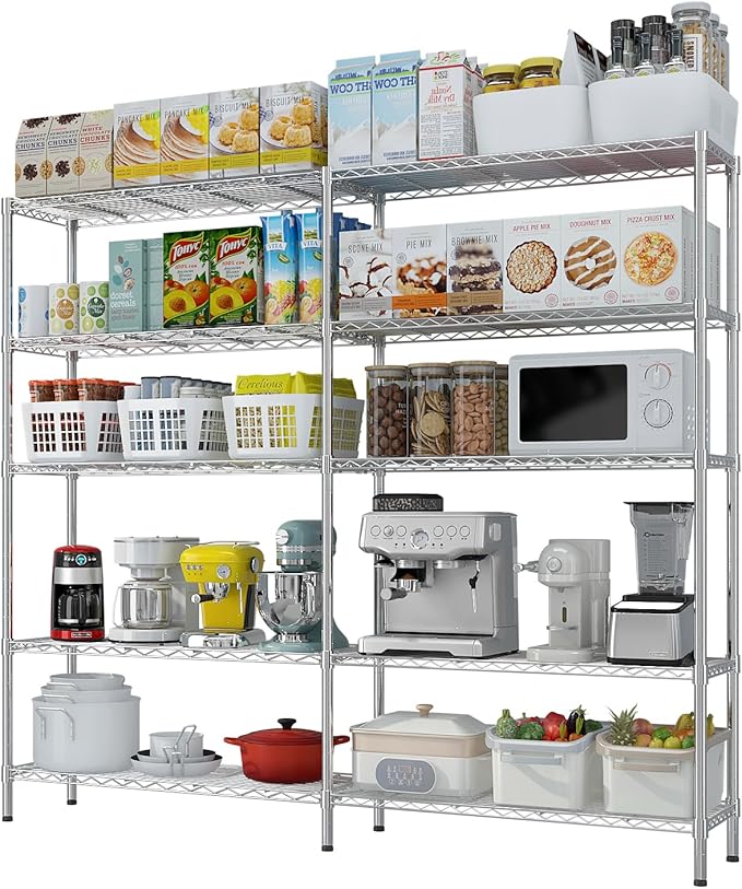 5 Tier Storage Racks Shelving, Heavy Steel Pantry Shelves, Adjustable Wire Shelving Rack, Suitable for Garage, Kitchens, Offices, 69.7" W x 16" D x 71" H, Chrome