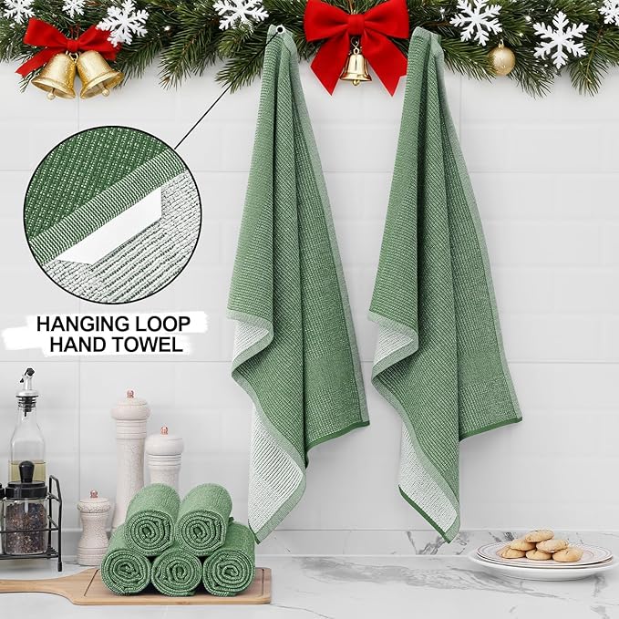 Homaxy Premium Kitchen Towels(18”x 28”, 12 Pack), Large Cotton Kitchen Hand Towels, Flat and Terry Dish Towels, 380 GSM Highly Absorbent Tea Towel Set with Hanging Loop, Grass Green